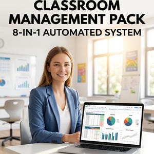 May include: A digital classroom management pack 8-in-1 automated system displayed on a laptop screen. The screen shows a spreadsheet interface with various data tables, pie charts, and bar graphs for tracking student progress and attendance.