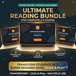 Puede incluir: Tres computadoras portátiles muestran la interfaz del juego de fonética Sound Hunters. El texto dice: Sound Hunters - Phonics Game Series, Ultimate Reading Bundle (The Complete A-Z System), 9 Interactive Games, Full A-Z Coverage, Elite-Level Results, Transform Students Into Super-Readers With 'Click & Play', PowerPoint, Click & Play, Multiple Use.
