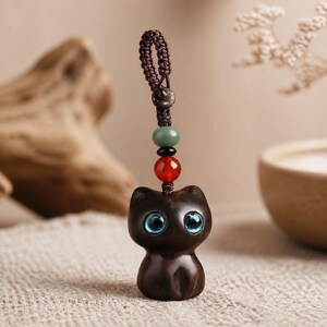 Lucky Cat Keychain, Wooden Cat Charm, Sandalwood Bag Charm, China Chic Key Ring, Backpack Pendant, Cute Gift for Keys and Phone