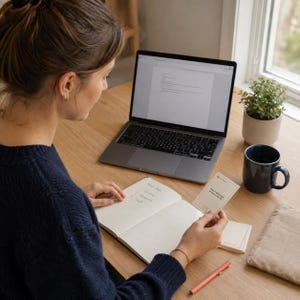 Peut inclure: Un pull bleu foncé porté par une personne travaillant à un bureau en bois avec un ordinateur portable, un carnet ouvert avec du texte manuscrit, une petite plante en pot, un mug bleu foncé, un stylo pêche et une carte blanche avec le texte Make a three item version of the list.