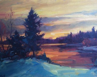 Winter Landscape, Orig painting by regional artist Carl W Illig. Hills, Roycroft, NY, America 24x30"  snowy creek