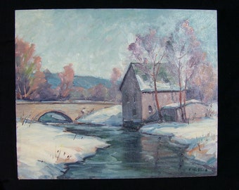 Winter Landscape, Original painting by Carl W. Illig. Old mill. Roycroft NY pastoral