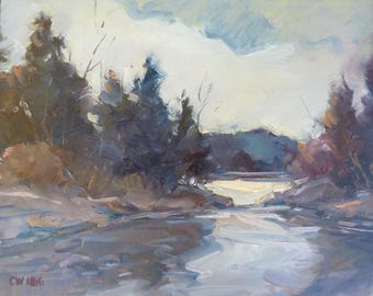 Summer landscape, original painting by American artist Carl W. Illig, Regional art US, stream,