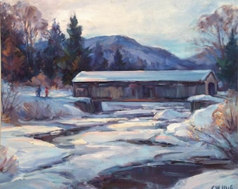 Winter Landscape, Covered Bridge, Orig painting by artist Carl W. Illig. Hills, Roycroft, NY American regional, snow.