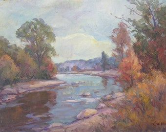 Stream, Fall landscape, Autumn scene - Orig painting by Carl W. Illig. 18x24 Americana 1960s, Traditional, vintage