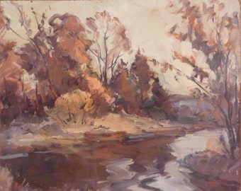 Fall Creek by Carl W. Illig, Autumn landscape, NY artist, orig oil painting, Fall color, stream US