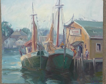 Fishing boats, Gloucester, Mass. Original oil painting by Carl W. Illig, American artist, recalls Gruppe, marine