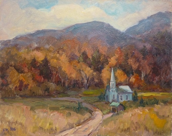Church in the Valley, Autumn. orig painting by Carl W. Illig, American artist, colorful fall, landscape, US art