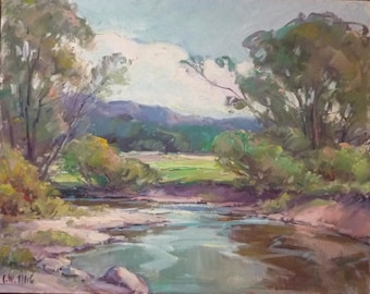 Summer Landscape, Stream - Original oil painting by Carl W. Illig, American, sunny green country, creek