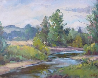 Summer landscape, Stream hills, original painting by American artist Carl W. Illig, Regional art US