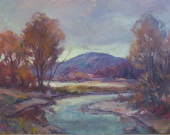 Stream, Autumn landscape, original painting by American artist Carl W. Illig, warm fall creek, Regional. roycroft