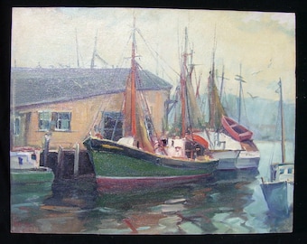 Fishing boats, Gloucester, Mass. Original oil painting by Carl W. Illig, American artist, recalls Gruppe, marine