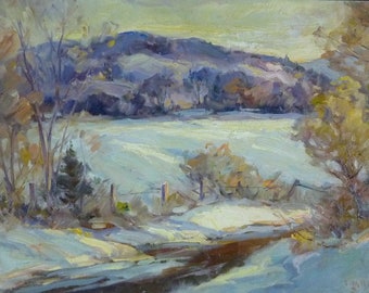 Winter Landscape, Orig painting by regional artist Carl W Illig. Hills, Roycroft, NY America