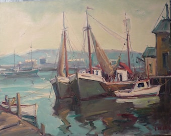 Fishing boats, Gloucester, Mass. Original oil painting by Carl W. Illig, American artist, recalls Gruppe, marine
