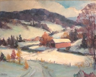 Winter Landscape, Covered Bridge, Orig painting by artist Carl W. Illig. Hills, Roycroft, NY American regional, snow.