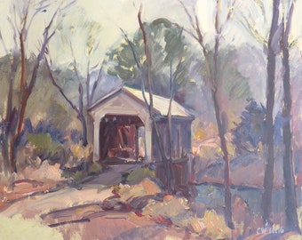 Covered Bridge Landscape, Original oil painting by Carl W. Illig, Fall summer American country US
