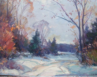 Winter Road, landscape by Carl W. Illig, NY artist, original oil painting, American, roycroft US