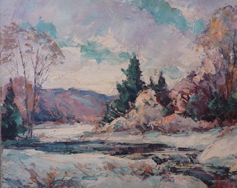 Winter landscape by Carl W. Illig, palette knife, impasto. NY artist, original oil painting