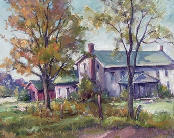 Farmhouse, Autumn landscape, original painting by American artist Carl W. Illig, sunny, Gruppe. Regional