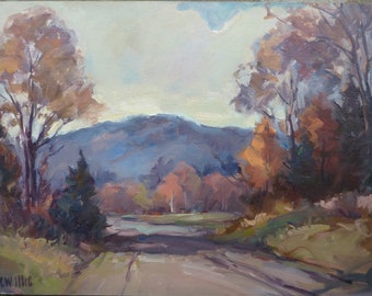 Autumn landscape, Country Road - Orig painting by Carl W. Illig. 18x24 American scene, fall. US country hills