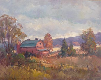 Autumn landscape, Original oil painting by Carl W. Illig.  warm fall, farm. Roycroft, NY