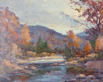 Stream, Autumn landscape, original painting by American artist Carl W. Illig, fall creek, Regional. roycroft