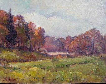 Autumn landscape, fields - Original painting by Carl W. Illig. 16x20 American fall, Sept, PA NY, Roycroft, US