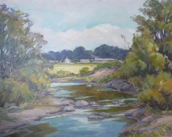 Summer landscape, Stream & Farm, original landscape painting by American artist Carl W. Illig, Regional art US roycroft