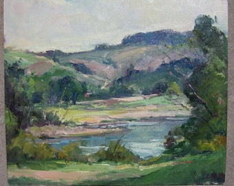 Summer landscape, Across the Lake original painting by American artist Carl W. Illig, Regional art US