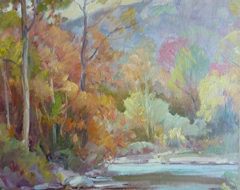 Autumn landscape, Country stream Original painting by Carl W. Illig, American scene, fall Hills US. gift