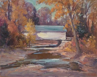 Autumn landscape covered bridge, orig painting by American artist Carl W. Illig, Hills, trees, fall leaves US
