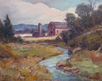 Summer Landscape, Farm in August - Original oil painting by Carl W. Illig, American, barn country, creek, stream