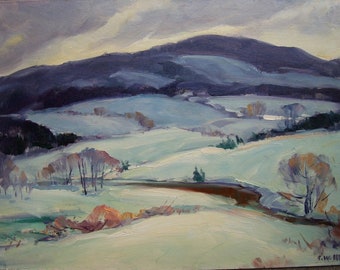 Winter Landscape, Orig painting by artist Carl W Illig. Hills, Roycroft, NY American regional snow. free ship