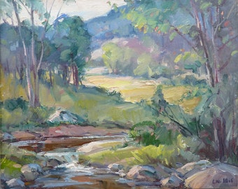 Spring Landscape - Original oil painting by Carl W. Illig, American, sunny green country, creek