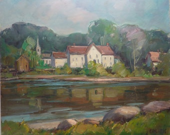 Summer landscape, Across the River, original painting by American artist Carl W. Illig, buildings, Gruppe. Regional roycroft