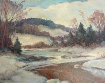 Winter Landscape, Orig painting by artist Carl W Illig. Free ship. Hills, Roycroft, NY American regional