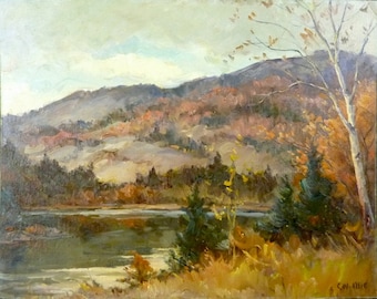 Autumn landscape, orig painting by American artist Carl W. Illig, Hills, trees, fall leaves US lake