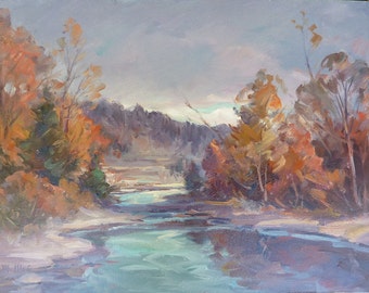 Stream, Autumn landscape, original painting by American artist Carl W. Illig, sunset, fall creek, Regional. roycroft