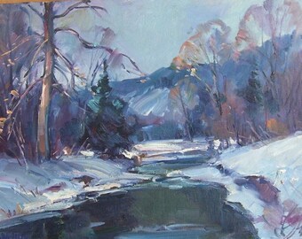 Winter Landscape, Orig painting by regional artist Carl W Illig. Hills, Roycroft, NY America snowy stream