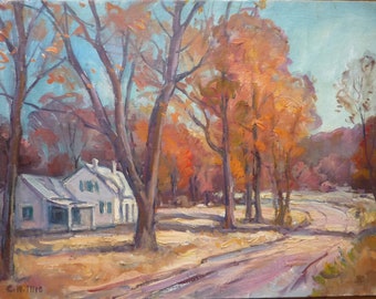 Fall landscape, Autumn country road, Original painting by Carl W. Illig. 18x24 Americana PA NY, farmhouse, color. Traditional