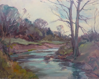 Spring landscape, original painting by American artist Carl W. Illig, Regional art US, stream,