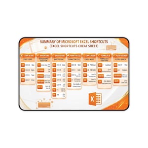 May include: A rectangular desk mat featuring a summary of Microsoft Excel shortcuts. The orange and white design includes categorised columns for start and save, navigation, editing, formatting, copy and insert, formulas, and filter and search.