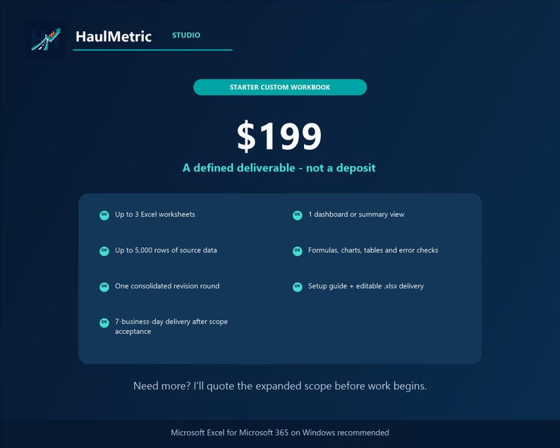 Starter custom workbook pricing graphic: $199 for a defined deliverable, not a deposit. Up to 3 Excel worksheets, up to 5,000 rows of source data, one dashboard or summary view, formulas, charts, tables and error checks, one consolidated revision round, setup guide, editable xlsx delivered in 7 business days after scope acceptance. Larger projects quoted before work begins.