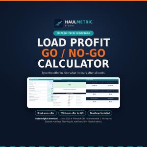 Cover image for the HaulMetric Load Profit Go or No-Go Calculator: an Excel tool that turns a load offer into a GO, CAUTION or NO-GO signal with cost per mile and a minimum GO price, shown with a preview of the calculator. Instant digital download, Excel 2021 or Microsoft 365 recommended, no macros. Example numbers.