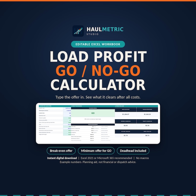 Cover image for the HaulMetric Load Profit Go or No-Go Calculator: an Excel tool that turns a load offer into a GO, CAUTION or NO-GO signal with cost per mile and a minimum GO price, shown with a preview of the calculator. Instant digital download, Excel 2021 or Microsoft 365 recommended, no macros. Example numbers.
