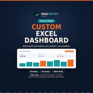Cover image for the HaulMetric custom Excel dashboard service: a made-to-order editable workbook built around your business, shown with an example dashboard preview. Made to order, delivered as an Excel file, no macros. Example numbers.