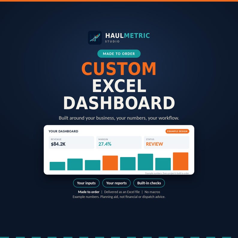 Cover image for the HaulMetric custom Excel dashboard service: a made-to-order editable workbook built around your business, shown with an example dashboard preview. Made to order, delivered as an Excel file, no macros. Example numbers.