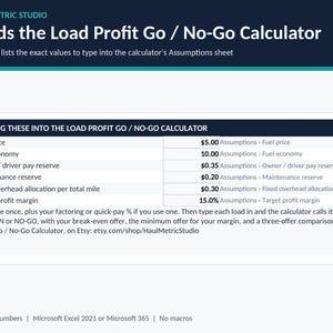 Section listing fuel price, fuel economy, pay reserve, maintenance reserve, fixed overhead per total mile and target margin to type into the Load Profit Go / No-Go Calculator's Assumptions sheet. Example numbers.