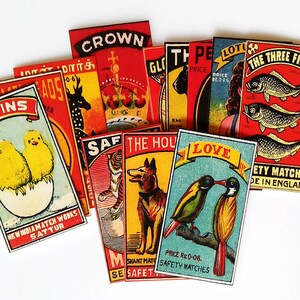 MATCHBOX LABELS - 12 pcs. Colorful Reproduction Vintage Matchbox Stickers with Circus Animals, Birds & Dogs for Junk Journals, Planners