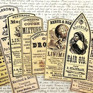 8 pcs. OLD MEDICINE LABELS Vintage Pharmacy Bottle Labels, Medicine Liniments & Oils, Apothecary Stickers, Handmade Stickers, Reproduction image 1